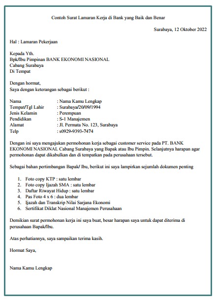 [doc] 20 Contoh Surat Lamaran Kerja Di Bank BRI, BCA, Mandiri, BPR ...