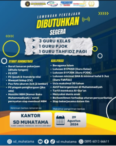 Informasi Lowker Guru Kelas, Guru PJOK, Guru Tahfidz Pagi SD Muhatama Temanggung