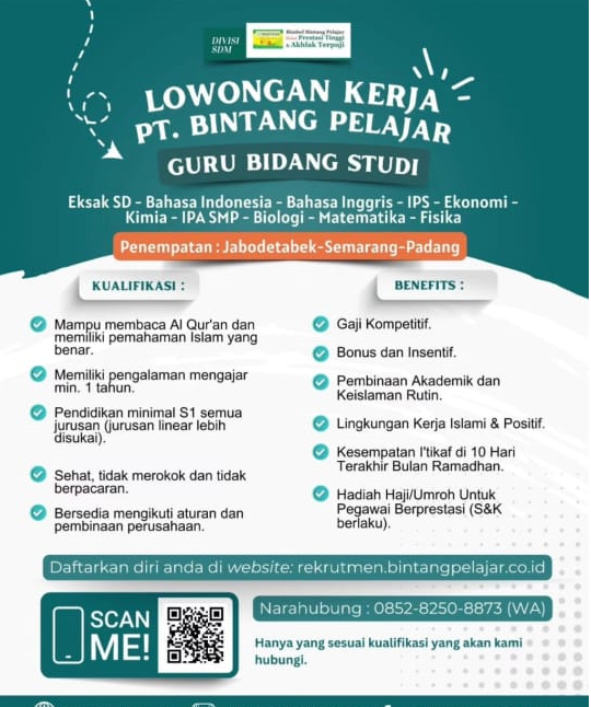 Informasi Lowker Guru : Guru Bidang Studi Eksak, Bahasa Indonesia, Bahasa Inggris, IPS, Ekonomi, Kimia, IPA SMP, Biologi, Matematika, Fisika PT Bintang Pelajar.